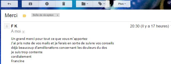 thérapies quantiques : 
                   déjà beaucoup d'améliorations concernant les douleurs du dos .... je suis trop contente